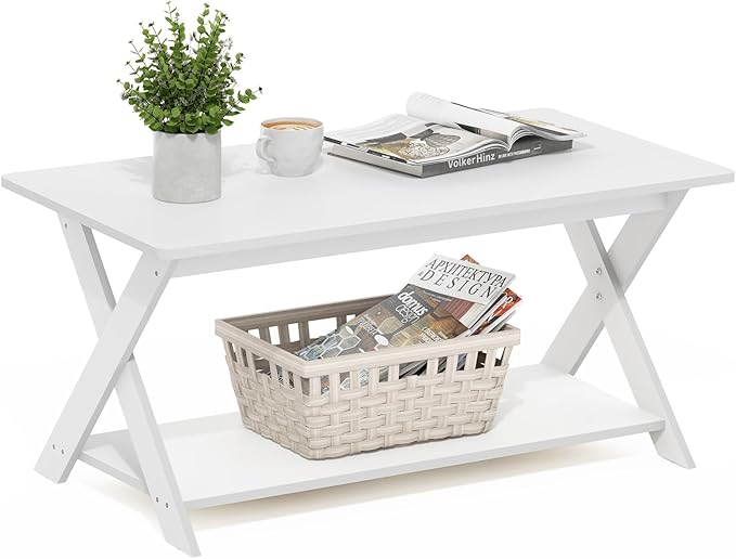 Furinno Modern Simplistic Coffee Table, Rectangle Modern Coffee Table with X-Legs, Criss-Crossed Side Table, for Living Room, Bedroom, Home Office, White
