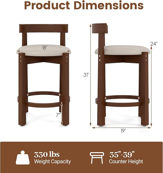 COSTWAY 24'' Counter Height Bar Stools Set of 4, Linen Upholstered Bar Chairs with Backrests and Footrests, Wood High Barstools for Kitchen Island and Dining Room (Walnut)