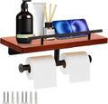 Toilet Paper Holder with Wood Shelf, Wall Mount Toilet Paper Roll Holder with Wooden Shelf and Matte Black Stainless Steel Pipe, Tissue Roll Holder for Bathroom Washroom (Dark Brown, 13.8'' x 5.9'')