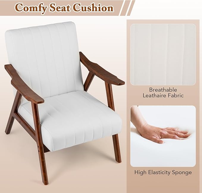 Giantex Mid-Century Modern Accent Chair, Upholstered Comfy Living Room Chair with Arms, Anti-Slip Felt Pads, Wooden Frame Soft Padded Armchair for Living Room Bedroom Office Study, Beige