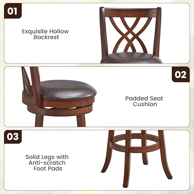 COSTWAY Bar Stools Set of 4, 360° Swivel Chairs with Rubber Wood Frame, 30-Inch PU Leather Cushioned Seat and Footrests, for Kitchen Island, Dining Room, Bar (Brown-30 inches, 4 stools)