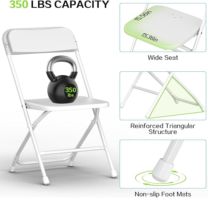 Folding Chairs 10 Pack,White Plastic Folding Chairs for Indoor Outdoor,Portable Stackable Commercial Seat with Steel Frame 350lb.Capacity for Party Events Wedding Dining Picnic Office