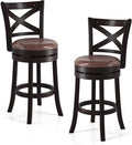 COSTWAY Bar Stools Set of 2, 26" Swivel Counter Height Bar Chairs with Copper Nails, Upholstered Seat, X-Shaped Backrest, Solid Rubber Wood Frame, for Kitchen Island Pub Bar