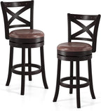 COSTWAY Bar Stools Set of 2, 26" Swivel Counter Height Bar Chairs with Copper Nails, Upholstered Seat, X-Shaped Backrest, Solid Rubber Wood Frame, for Kitchen Island Pub Bar