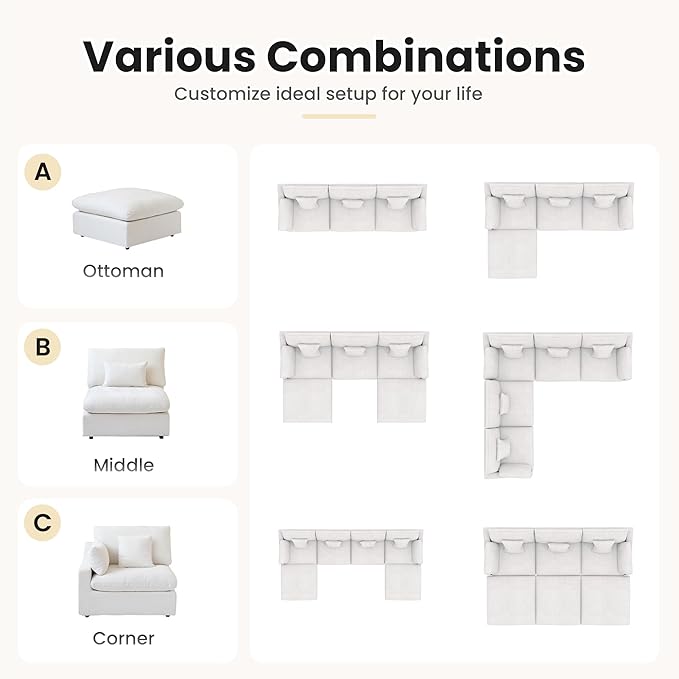 192" Modular Sectional Sofa Cloud Couch,Oversized Linen L-Shaped Sectional Sofa with Deep Seat,U-Shape 8-Seater Couch with Ottoman for Living Room in White