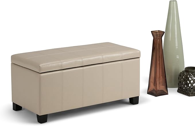 SIMPLIHOME Dover 36 inch Wide Contemporary Rectangle Storage Ottoman Bench in Satin Cream Vegan Faux Leather, Assembled, For the Living Room, Entryway and Family Room