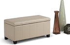 SIMPLIHOME Dover 36 inch Wide Contemporary Rectangle Storage Ottoman Bench in Satin Cream Vegan Faux Leather, Assembled, For the Living Room, Entryway and Family Room