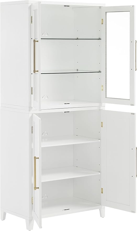Crosley Furniture Roarke Glass Door China Hutch Kitchen Pantry Storage Cabinet with Doors and Shelves, White