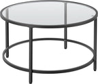 Yaheetech 27.6" Round Glass Coffee Table, Small Coffee Table for Living Room，Black Circle Coffee Tables Center Tables with Glass Top, Office & Apartment