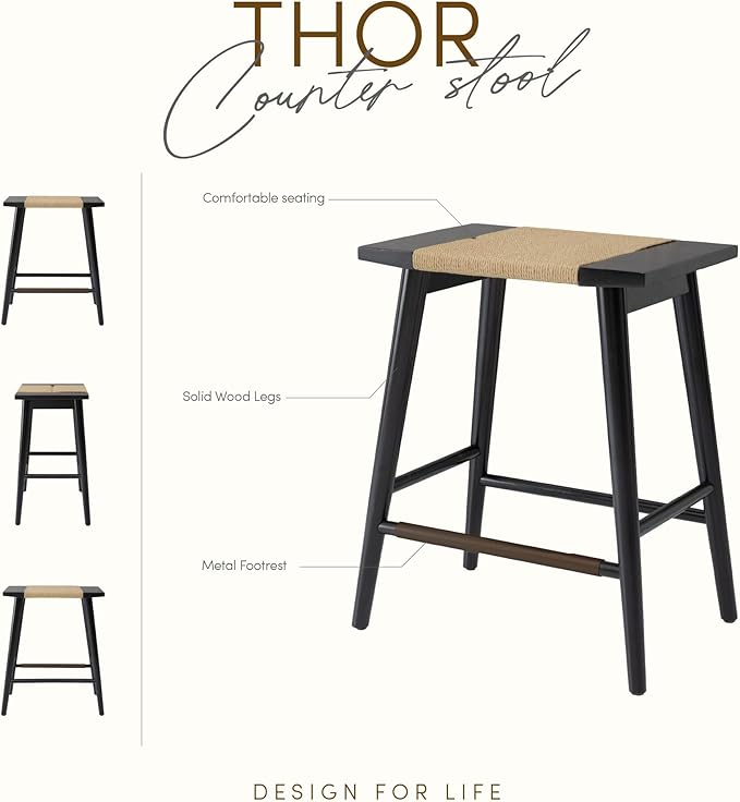 Thor Wicker Premium Solid Wood Counter Stool 24", Set of 2, Backless Counter Height Seating with Hand-Knitted Rope, Eco-Friendly Modern Design (Midnight Charcoal)