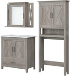 Bush Furniture Key West 32W Bathroom Vanity Sink with Mirror and Over The Toilet Storage Cabinet in Driftwood Gray