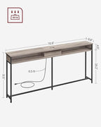 VASAGLE 70.9-Inch Console Table with Outlet and Shelves, Sofa Table with Charging Station, Behind Couch Table Skinny, Entryway Table for Hallway, Living Room, Heather Greige and Ink Black ULNT118B02