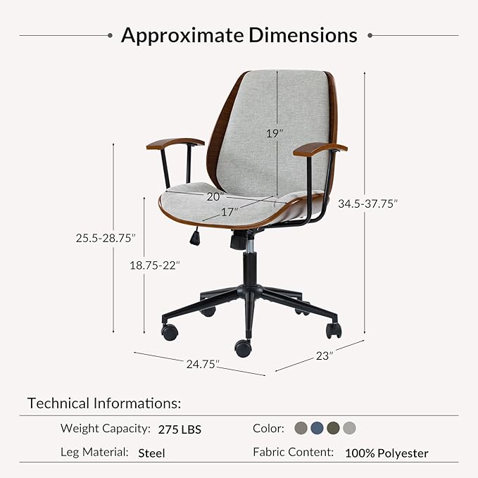Modern Office Chair with Bentwood Polyester Upholstery Ergonomic Swivel Desk Chair with Adjustable Height for Home Office or Study Gray
