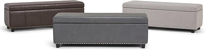SIMPLIHOME Kingsley 48 inch Wide Transitional Rectangle Large Storage Ottoman in Stone Grey Vegan Faux Leather, Assembled, For the Living Room, Entryway and Family Room