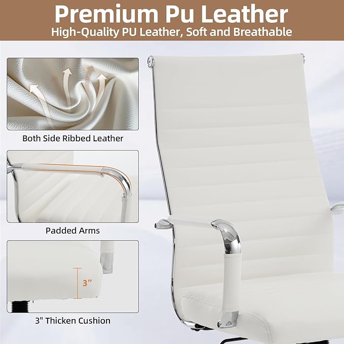 Conference Room Chairs, Ergonomic Executive Office Chair, Ribbed Leather Desk Chair with Lumbar Support, Adjustable Height Mid-Back Swivel Chair with Padded Seat
