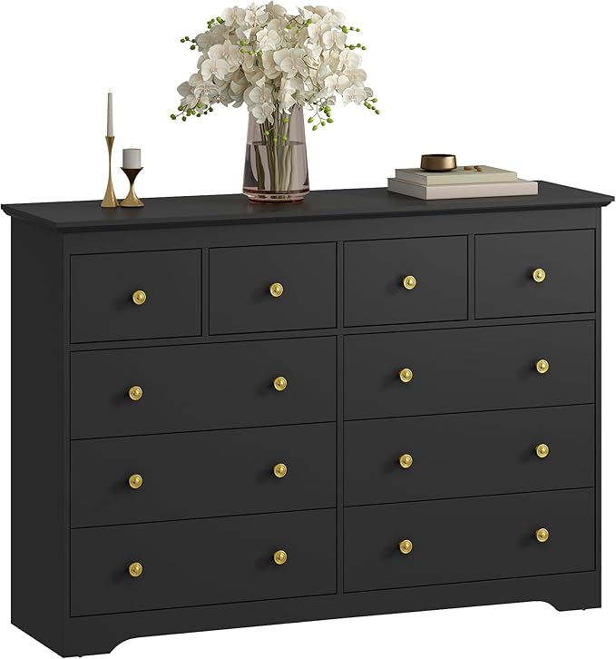 Black Dresser for Bedroom, 10 Drawer Dresser with Large Drawers, 55 Inch Wide Wood Chest for Living Room, Hallway