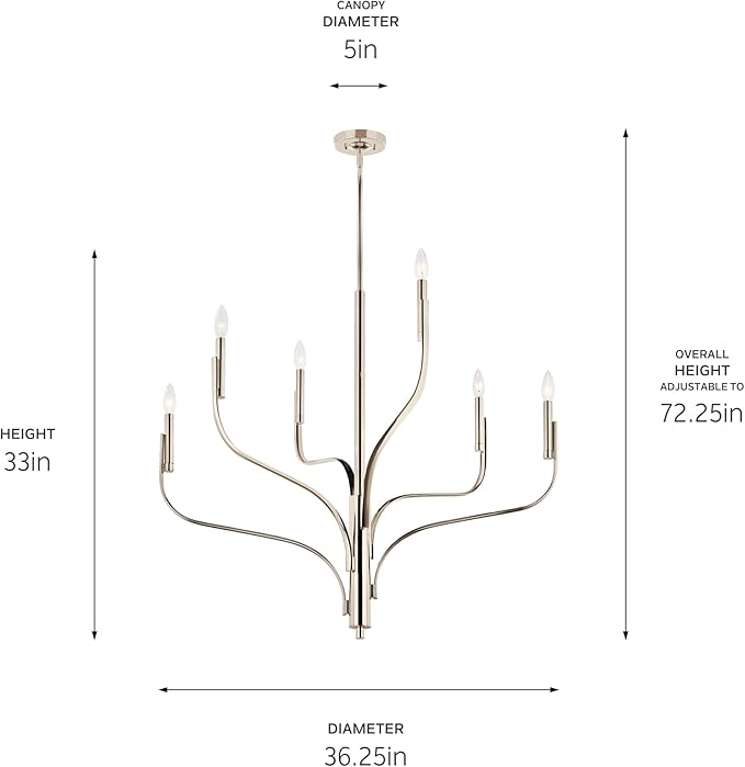 KICHLER Livadia 6-Light Chandelier, Soft Modern-Light in Polished Nickel, for Foyer, Great Room, or Vaulted Dining or Bedroom (33" x 36.25"), 52673PN