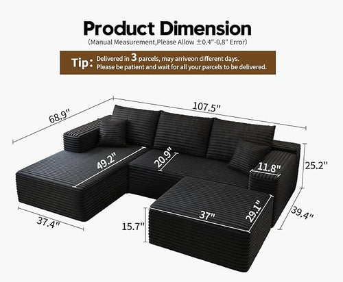 107.5" Cloud Sectional Couch with 1 Ottoman,Modern Modular Sofa with Deep Seat, Comfort U Shaped Sofa Couches for Living Room Bedroom Apartments,No Assembly Required, (Black,Left Facing Chaise)