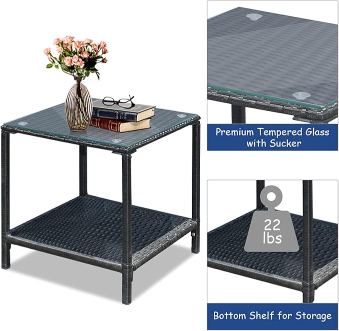 COSTWAY 3 Pieces Patio Rattan Rocking Chair Set, Outdoor Conversation Furniture Sets with Coffee Table, Storage Shelf and Cushions, Modern Bistro Set for Porch, Backyard, Garden, Navy