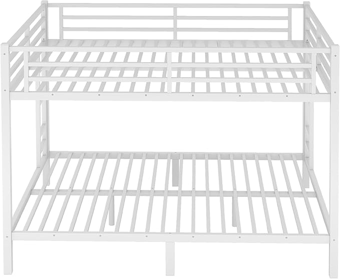 Queen Over Queen Bunk Bed for Adults, Teens, Heavy Duty Bunk Beds with 2 Ladder and Safety Guardrails, Adults Bunk Beds with Noise-Reducing Rubber Stoppers, Easy Assemble, White