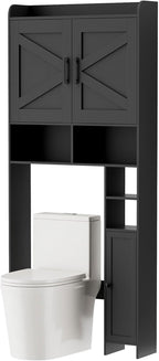 Homhedy Over The Toilet Storage Cabinet with 2 Barn Door and Toilet Paper Holder Stand, FreeStanding Toilet Shelf Space Saver, for Bathroom, Restroom, Laundry, Black