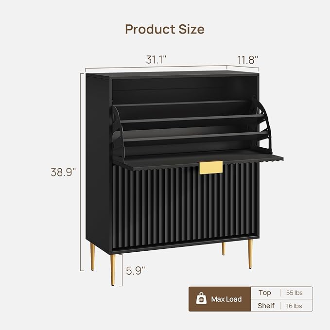SICOTAS Fluted Shoe Cabinet Storage for Entryway with 2 Flip Drawers-11.8" Deep Freestanding Shoe Organizer Cabinet with 6-Tier Shelves, Large 20 Pairs Shoes Rack Cabinet for Foyer Hallway, Black