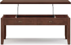 SIMPLIHOME Artisan Coffee Lift Top Table - 46 inch Wide Solid Wood Contemporary Cocktail Table in Russet Brown, Living Room with Hidden Storage Compartment, Open Shelf, and Square Knobs