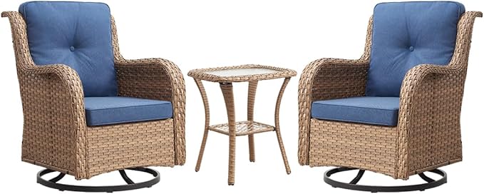 HUMMUH 3-Piece Swivel Rocking Rattan Chair Outdoor, Patio Bistro Furniture Conversation Set, Cushioned Wicker Chair with Glass Coffee Table(Yellow,Blue)
