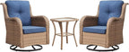 HUMMUH 3-Piece Swivel Rocking Rattan Chair Outdoor, Patio Bistro Furniture Conversation Set, Cushioned Wicker Chair with Glass Coffee Table(Yellow,Blue)