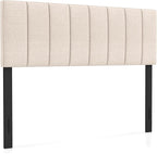 KOMFOTT Linen Upholstered Headboard for Full & Queen Size Bed, Vertical Channel Tufted Rectangular Headboard with Solid Wood Legs & Adjustable Width, Padded Bed Backboard, Easy Assembly, Beige