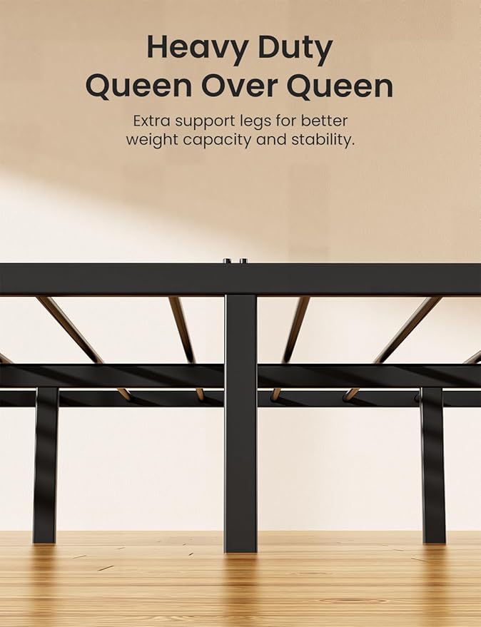 Queen Over Queen Bunk Bed for Adults & Teens, Heavy Duty Metal Bunk Bed with EVA Anti-Slip Ladder & Full-Length Guardrails, Noise-Free Queen Bunk Bed Frame with Under-Bed Storage, Black