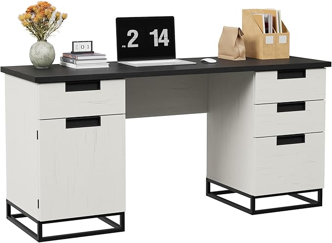 IDEALHOUSE Farmhouse Executive Desk, 59" Computer Desk, White Home Office Desks with File Drawer and Storage Cabinet, Wood Writing Desks for Home Office, Bedroom, White+Black