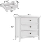 Farmhouse White 3-Drawer Dresser for Bedroom - 31.5" Wide 3 Chest of Drawers Storage Organizer Cabinet as Nightstand or Bedside Dresser