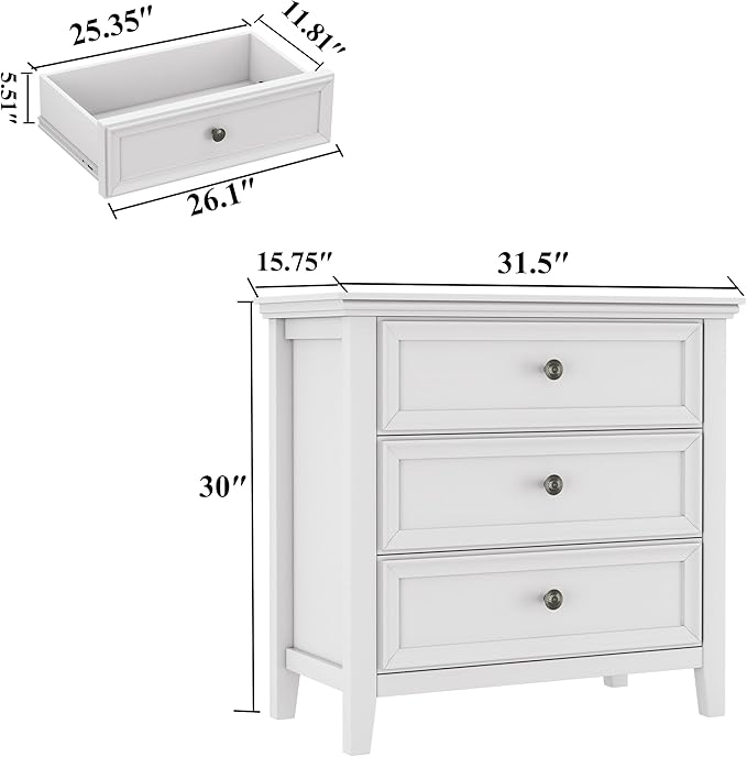 Farmhouse White 3-Drawer Dresser for Bedroom - 31.5" Wide 3 Chest of Drawers Storage Organizer Cabinet as Nightstand or Bedside Dresser