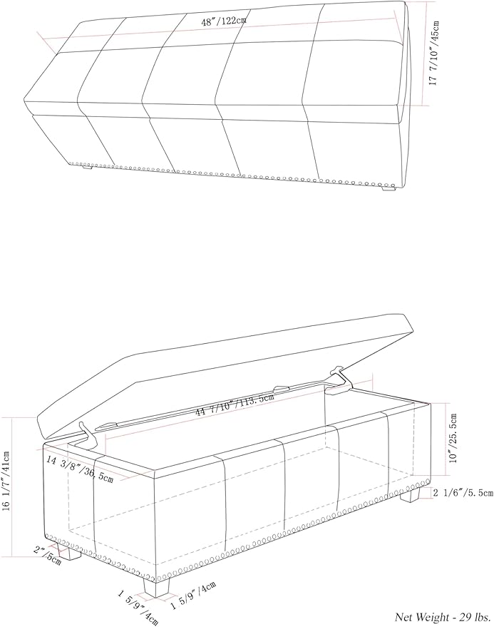 SIMPLIHOME Kingsley 48 inch Wide Transitional Rectangle Large Storage Ottoman in Midnight Black Vegan Faux Leather, Assembled, For the Living Room, Entryway and Family Room