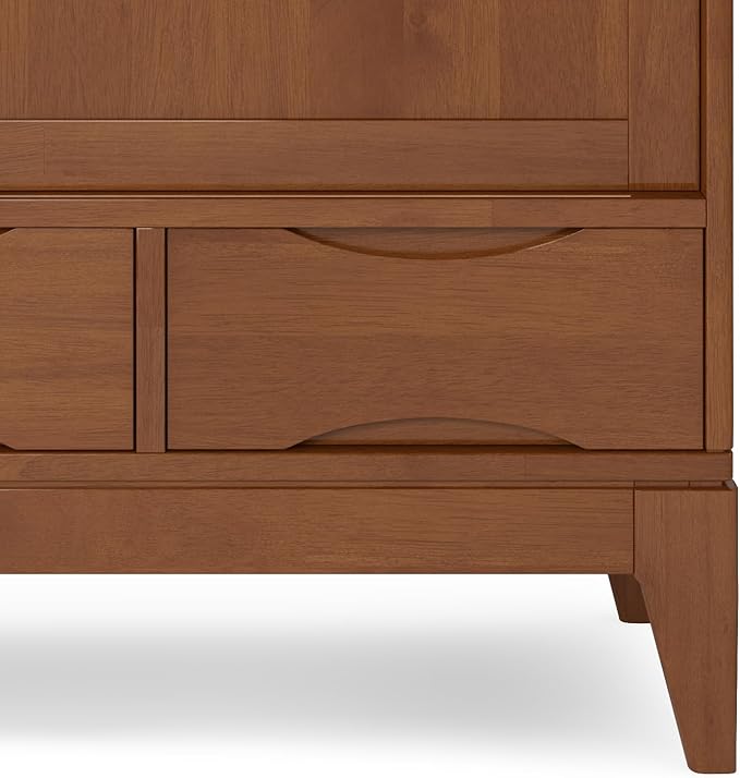 SIMPLIHOME Harper Medium Storage Cabinet - 48 inch Wide Solid Hardwood Sliding Door Cabinet in Teak Brown, Mid-Century Modern Cupboard for Living Room or Entryway with 3 Drawers and Tapered Legs