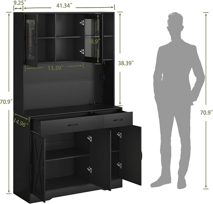71" Kitchen Pantry Cabinet: Hutch Cabinet with Glass Doors, Pantry Cabinets with Drawers, Adjustable Shelves, LED Light & Power Outlets for Kitchen, Living Room, Dining Room (Black)