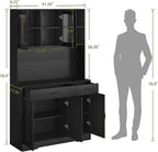 71" Kitchen Pantry Cabinet: Hutch Cabinet with Glass Doors, Pantry Cabinets with Drawers, Adjustable Shelves, LED Light & Power Outlets for Kitchen, Living Room, Dining Room (Black)