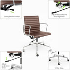 Ribbed Office Chair with Top Grain Leather - Mid Back Ergonomic Desk Chair with Aluminum Arm Rest and 5-Star Base, Swivel Chair Brown