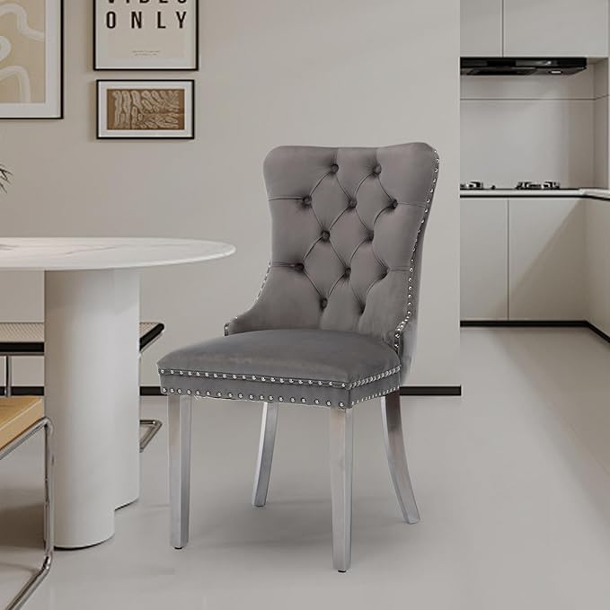 Velvet Upholstered Dining Chairs Set of 2, Modern Style Kitchen Side Chairs with Nailhead Trim and Silver Plated Leg, Metal Pulling Ring for Dining Room Living Room(Gery-Silver Plated Leg)
