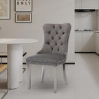 Velvet Upholstered Dining Chairs Set of 2, Modern Style Kitchen Side Chairs with Nailhead Trim and Silver Plated Leg, Metal Pulling Ring for Dining Room Living Room(Gery-Silver Plated Leg)