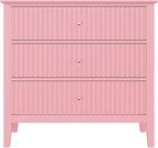 RoyalCraft Fluted 32 inch Wide Nightstand for Bedroom, Large Pink Nightstand with 3 Drawer, Modern End Table, Wood Beside Table for Home and Office
