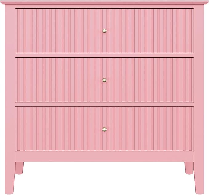 RoyalCraft Fluted 32 inch Wide Nightstand Set of 2, Large Pink Nightstand with 3 Drawer, Modern End Table, Wood Beside Table for Home and Office
