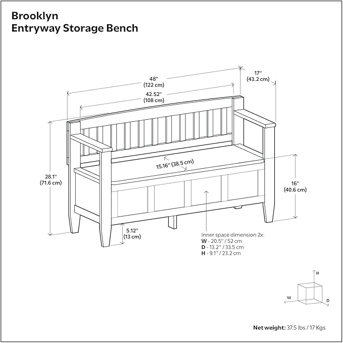 SIMPLIHOME Brooklyn Entryway Storage Bench - 48 inch Wide Solid Wood Storage Seat in Farmhouse Grey, Contemporary Bench for Entryway or Living Room with Lift-Up Lid and Slatted Backrest