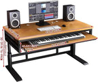 Studio Desk with Keyboard Tray | Hand-Crank Adjustable Standing Desk Workstation for Music Production, Cable Management, MIDI Keyboard Shelf (Natural, 70in)