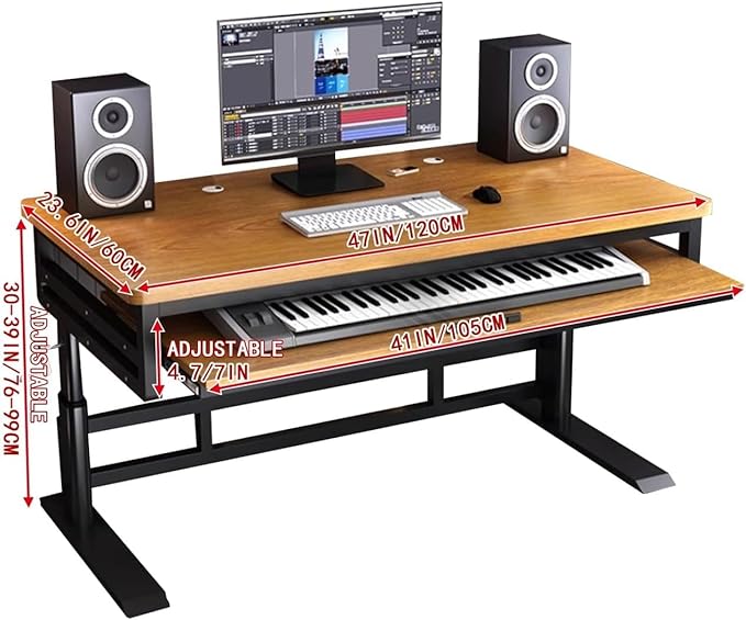 Studio Desk with Keyboard Tray | Hand-Crank Adjustable Standing Desk Workstation for Music Production, Cable Management, MIDI Keyboard Shelf (Black, 55In)