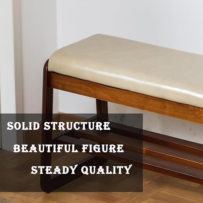 latifolia Solid Wood Bench, Entryway Shoe Bench with Cushion, 2 Tier Shoe Storage Organizer for Hallway, Living Room(Grey,31.50''L)