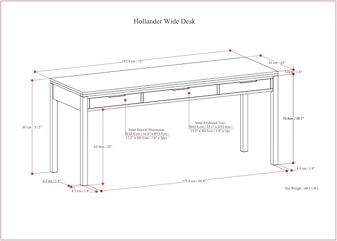 SIMPLIHOME Hollander Desk - 72-Inch Wide Solid Wood Writing Desk in Warm Walnut Brown, Contemporary Modern Home Office Computer Table for Study with 2 Drawers and Flip-Down Keyboard Tray