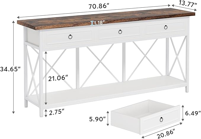 Tribesigns 70.8" Console Table with 3 Drawers, Farmhouse Entryway Table with Storage Shelf, Narrow Long Sofa Foyer Table for Entryway, Hallway (White/Brown)