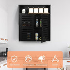 HYNAWIN Wall-Mounted Black Bathroom Cabinet with Double Doors, Bamboo Storage Shelf Organizer for Kitchen, Living Room, or Bathroom